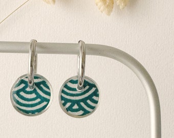 3 in 1 colorful graphic earrings, editable hoop earrings, PIPA model, stainless steel, Japanese wave, blue, green