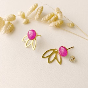 3 in 1 graphic fuchsia pink earrings, editable petal fan stud, FLEUR model, gilded with 24k fine gold image 2