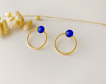 Royal blue lapis lazuli minimalist graphic earring, circle ring stud, EMY model, 24k fine gold