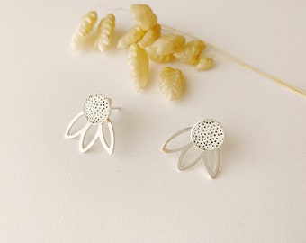 White earring with black graphic polka dots 2 in 1, editable fan stud, FLEUR model, 925 silver