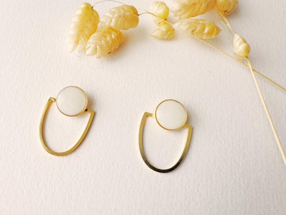 2 in 1 graphic white earrings, modifiable art deco fan stud, EMMA model, gilded with 24k fine gold