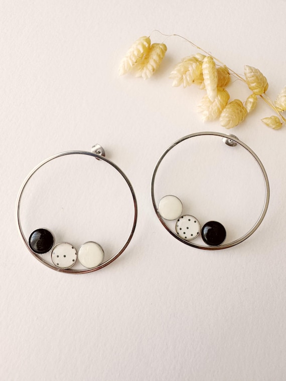 Graphic, original, art deco circle stud earring, NINA model, black, white, silver, stainless steel