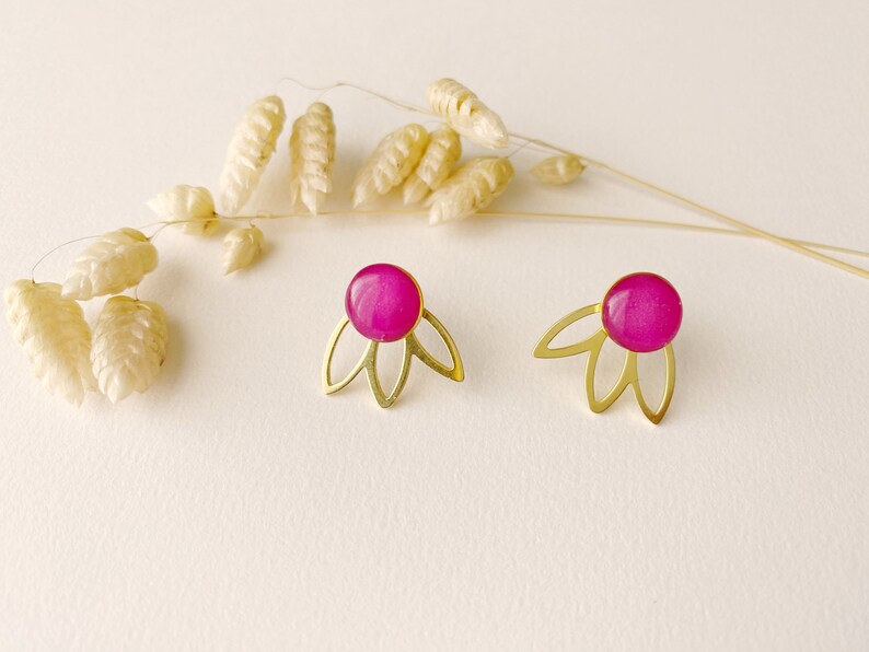 3 in 1 graphic fuchsia pink earrings, editable petal fan stud, FLEUR model, gilded with 24k fine gold image 8