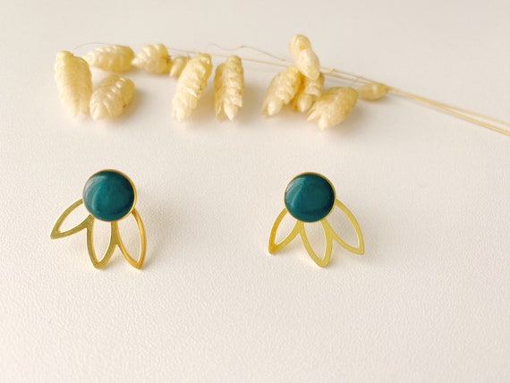 2 in 1 graphic duck blue earring, modifiable petal fan stud, FLEUR model, gilded with 24k fine gold