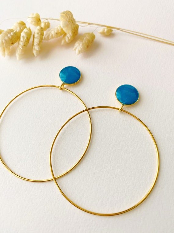 Turquoise blue and gold dangling and original earring, ROSE model, 24K fine gold