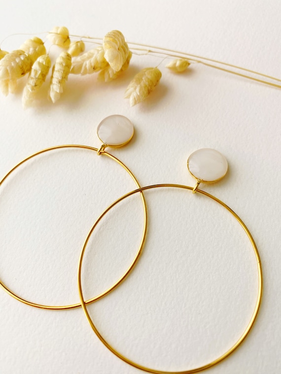 White and gold dangling and original earring, ROSE model, 24K fine gold