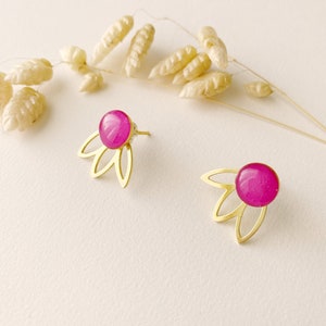 3 in 1 graphic fuchsia pink earrings, editable petal fan stud, FLEUR model, gilded with 24k fine gold image 3