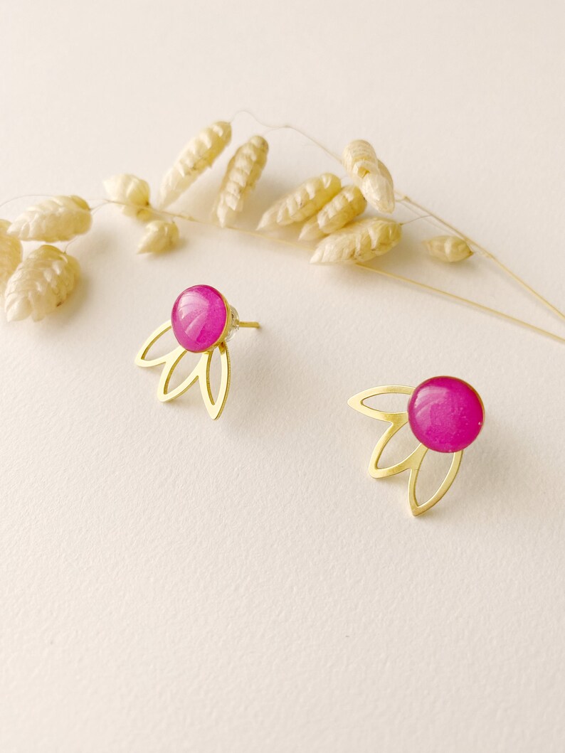 3 in 1 graphic fuchsia pink earrings, editable petal fan stud, FLEUR model, gilded with 24k fine gold image 3