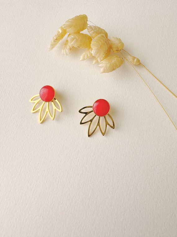 3 in 1 graphic red earrings, editable petal fan stud, LOTUS model, red, gilded with 24k fine gold