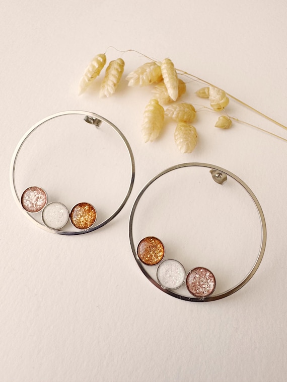 Graphic earring, original, art deco circle stud, NINA, pink copper silver glitter, stainless steel, New Year's Eve jewelry