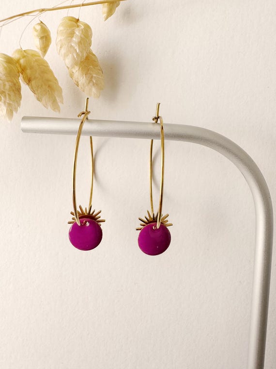 Purple sun pendant earring, solar, elegant, purple, SUNNY model, gold-plated stainless steel hoop