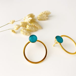 3 in 1 graphic turquoise blue earring, editable circle stud, OLY model, 24k fine gold and stainless steel image 3
