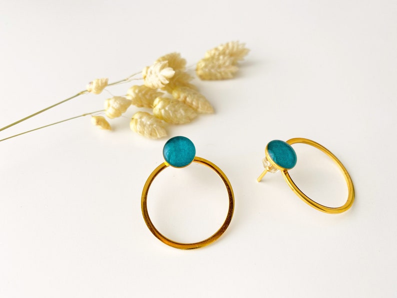 3 in 1 graphic turquoise blue earring, editable circle stud, OLY model, 24k fine gold and stainless steel image 3