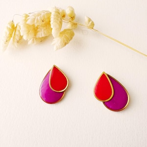 Boucles d'oreilles puces rouge violette goutte, clou puce cœur, modèle ROSALIE, acier inoxydable doré à l’or fin 24k