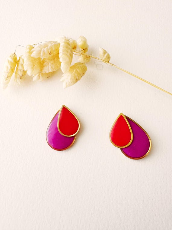 Red and purple teardrop stud earrings, heart-shaped studs, ROSALIE model, 24k gold-plated stainless steel