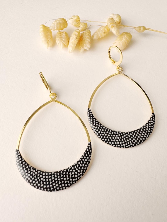 Black earrings with white polka dots, original hoops, drop, boho, SALSA model, women's jewelry, 24k fine gold