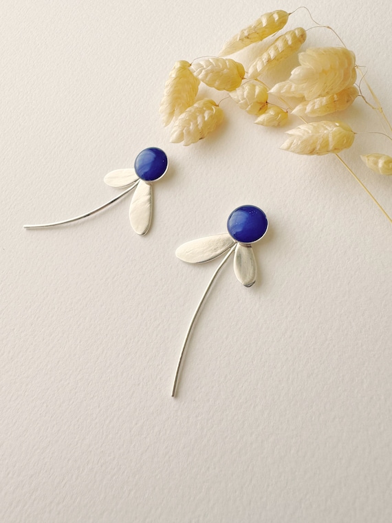 3-in-1 graphic royal blue stud earring with customizable flower design, ZOE model, 925 sterling silver, lapis lazuli