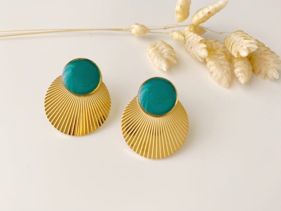 Graphic blue green earring, round art deco stud, CELESTE model, stainless steel