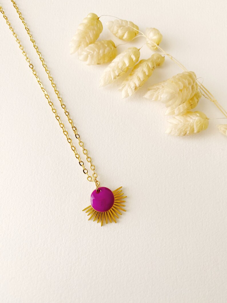 Purple choker necklace with sun pendant, fan, LYSA model, 24K fine gold creole, Christmas gift image 10