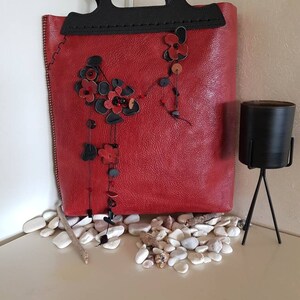 Sac en cuir rouge/sac à fleurs en cuir rouge/sac à pampilles rouge/sac haute couture/sac à poignée supérieure/sac en cuir véritable/sac fourre-tout fleurs en cuir/sac fait main