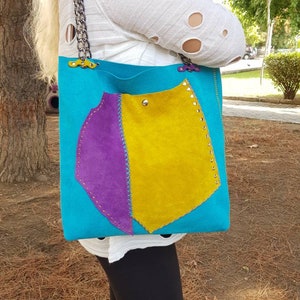 Sac en daim turquoise/sac fourre-tout avec anse en chaîne/sac joyeux/sac à poignée supérieure/sac coloré/sac bohème/sac fourre-tout cousu main/sac en daim unique