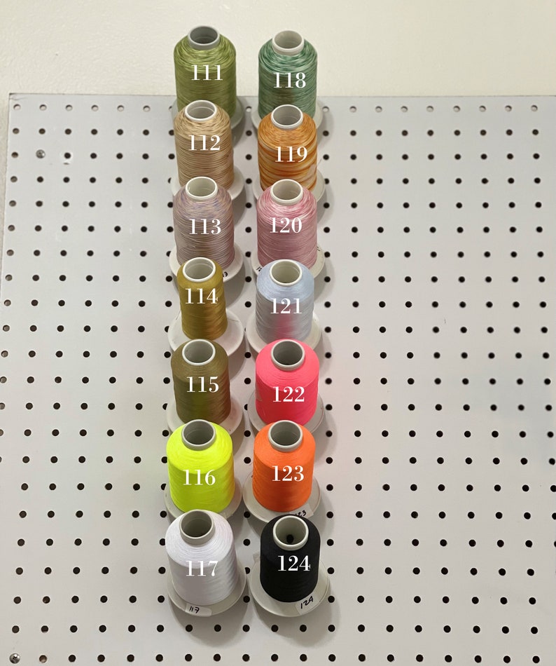 Op de afbeelding: Een wand met spoelen garen in verschillende kleuren, genummerd van 111 tot 124.