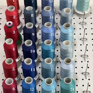 Op de afbeelding: Vijfentwintig spoelen garen in verschillende tinten blauw, rood en teal. De spoelen zijn genummerd van 1 tot en met 25.