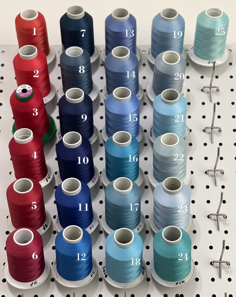 Op de afbeelding: Vijfentwintig spoelen garen in verschillende tinten blauw, rood en teal. De spoelen zijn genummerd van 1 tot en met 25.