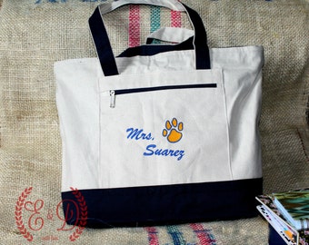 Leraar tas, gepersonaliseerde rits canvas tote tas leraren tote geborduurd tote monogram tote bruidsmeisje cadeau strandtas monogram