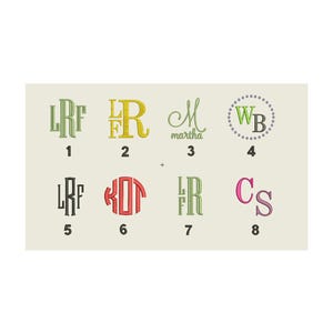 Op de afbeelding: Acht verschillende monogramontwerpen, waaronder initialen, namen en een cirkel met initialen. De ontwerpen zijn genummerd van 1 tot en met 8.