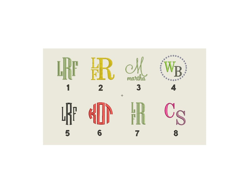 Op de afbeelding: Acht verschillende monogramontwerpen, waaronder initialen, namen en een cirkel met initialen. De ontwerpen zijn genummerd van 1 tot en met 8.