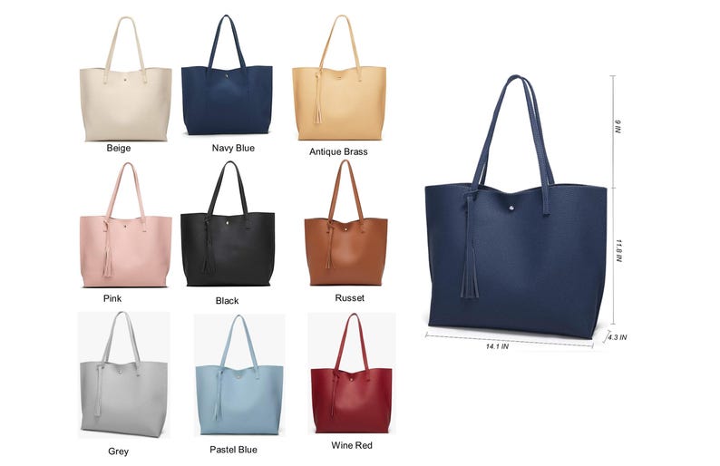 Op de afbeelding: Tien verschillende gekleurde tote bags met een kwast. De tassen zijn gemaakt van imitatieleer en zijn verkrijgbaar in beige, marineblauw, antiek messing, roze, zwart, roestbruin, grijs, pastelblauw en wijnrood.