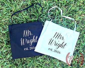 His and hers aprons, couples  Embroidered wedding apron SET of 2 Personalized Aprons "Mr"  & "Mrs" "Est." Wedding Shower Gift