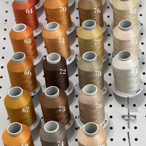 Op de afbeelding: Een wanddisplay met 20 spoelen garen in verschillende tinten bruin, oranje en beige. De spoelen zijn genummerd van 63 tot en met 84.