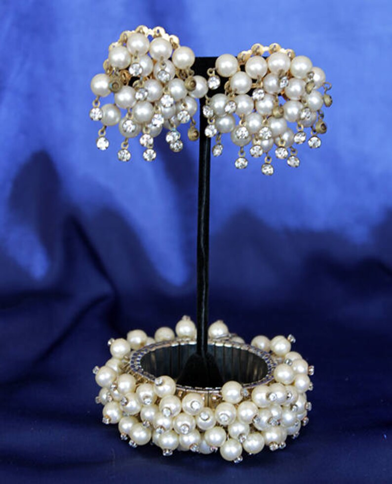 Vintage Cha Cha Bracelet Pearls Rhinestones with Matching Jingle Jangle Earrings