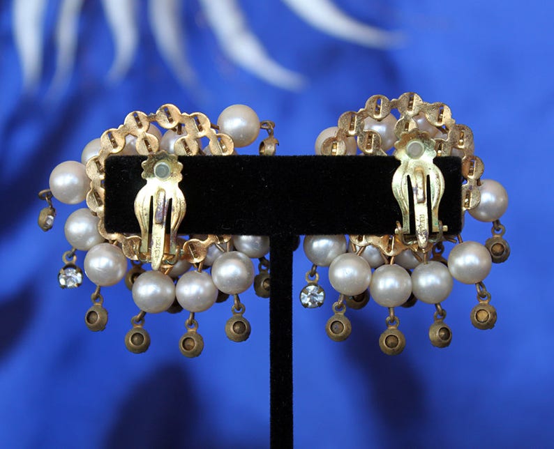 Vintage Cha Cha Bracelet Pearls Rhinestones with Matching Jingle Jangle Earrings
