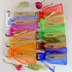 Bulk Engraved Bottle Opener with organza pouch, Party Favor, Wedding favor, Rustic Wedding, Bottle Opener, Gifts, Personalized, Min.order 10