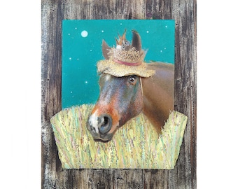 Whimsical brown Horse head 3D original oil painting on rustic wood board