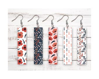 Red & Navy Blue Poppies Floral Bar Earrings - Rectangle Earrings