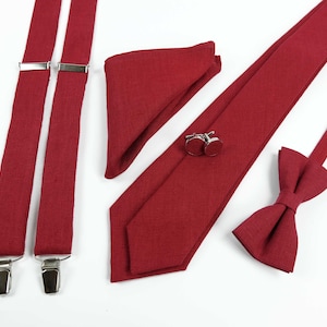 Burgundy Red Bow tie, Necktie, Suspenders ,Pocket Square For Wedding / Regular Tie, Skinny Tie&#39;s - Adult&#39;s and Boy&#39;s size Suspenders