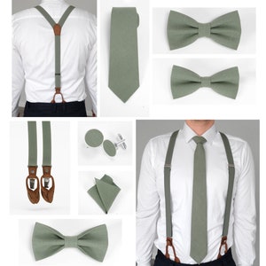 Eucalyptus green elastic suspenders linen bow tie, pocket square, sage green necktie with suspenders, adult size green suspenders set image 1