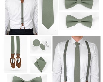 Eucalyptus green elastic suspenders - linen bow tie, pocket square, sage green necktie with suspenders, adult size green suspenders set