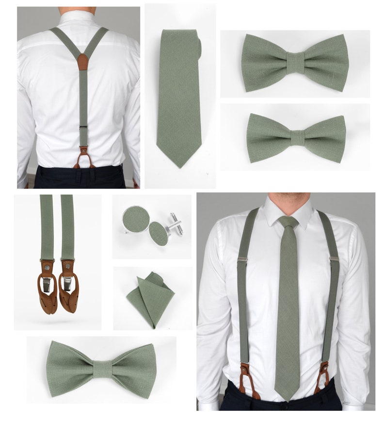 Eucalyptus green elastic suspenders linen bow tie, pocket square, sage green necktie with suspenders, adult size green suspenders set image 1