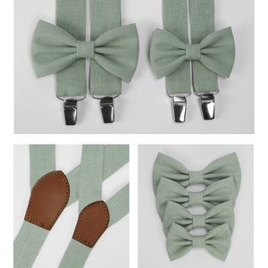 Light sage green color linen bow tie, suspenders completed with genuine leather comes in men's, boy's, Child's size. Sage green bow tie zdjęcie 1