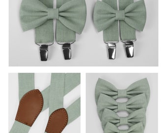 Light sage green color linen bow tie, suspenders completed with genuine leather comes in men's, boy's, Child's size. Sage green bow tie