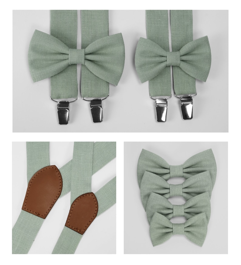 Light sage green color linen bow tie, suspenders completed with genuine leather comes in men's, boy's, Child's size. Sage green bow tie zdjęcie 1