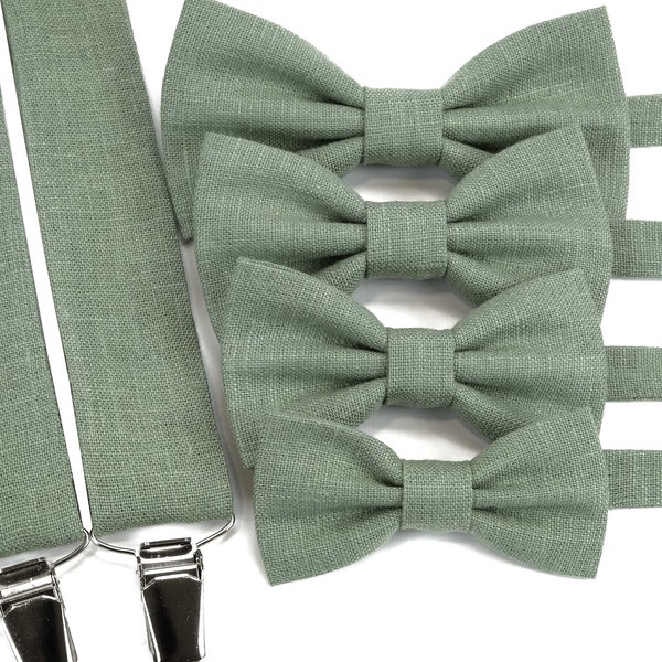 Eucalyptus green linen bow tie, child bow tie suspenders / men's bow tie suspenders / eucalyptus bow tie suspenders boy's size