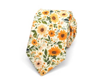 Yellow Floral Cotton Necktie with Green Leaves