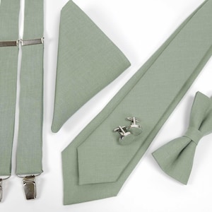 Hell salbeigrüne Krawatte, Hosenträger, Fliege, Einstecktuch für Hochzeit / normale Krawatte, dünne Krawatte Erwachsene und Jungengröße Hosenträger Bild 1