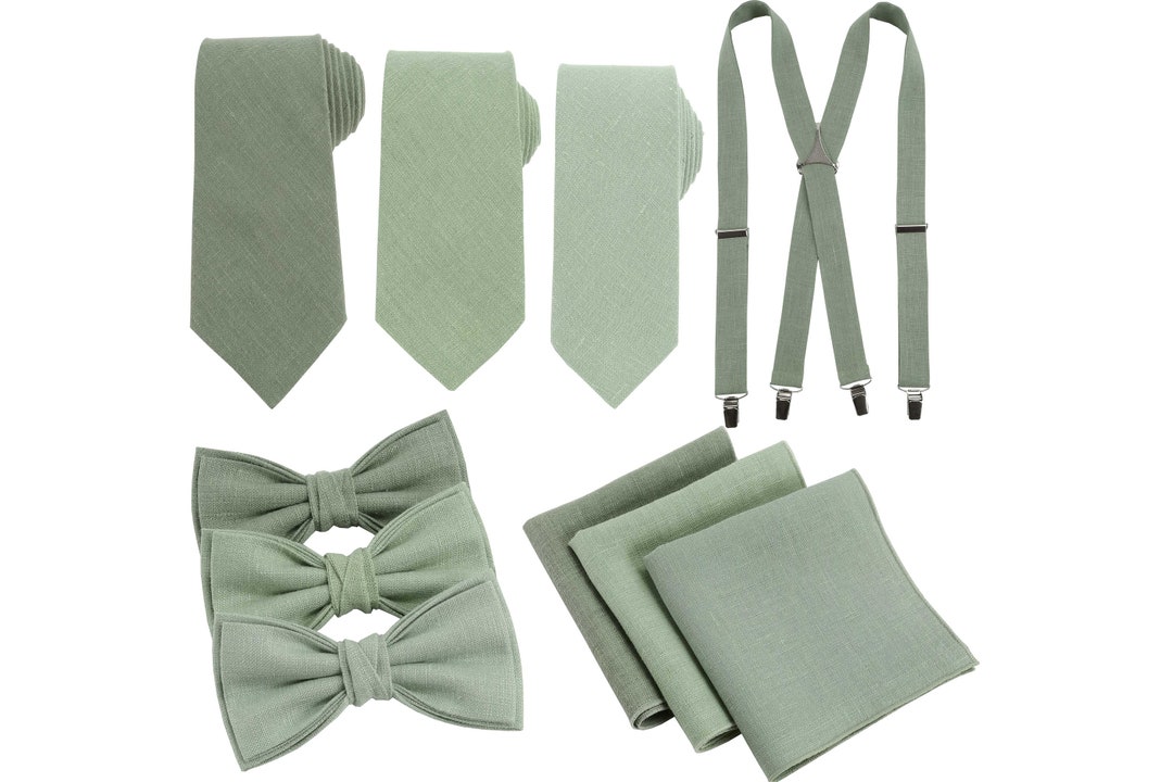 Sage Green Color Variation Neckties, Suspenders, Bow Ties, Handkerchief Groomsmen Pack for